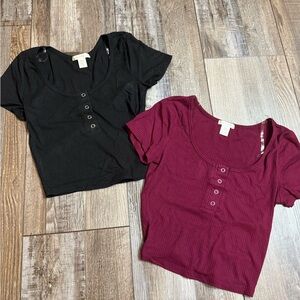 Bozzolo Black and Burgundy Crop Top Bundle- Ribbed with Button Detail - S - M -L